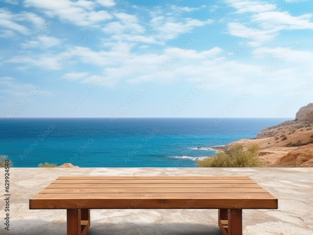 Wooden table on the background of the sea, island and the blue sky. High quality photo. Wooden table on the background of the sea, island and the blue sky. High quality photo.