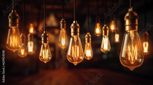 Pendant lamps with light bulbs, Retro filter effect style, Blend of history and modern.