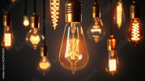Beautiful vintage luxury light bulb hanging decor glowing, Retro filter effect style.