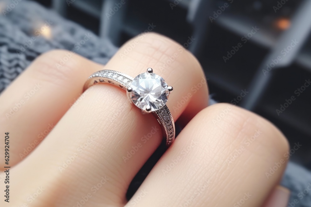 Close up of elegant diamond ring on the finger, Diamond ring.