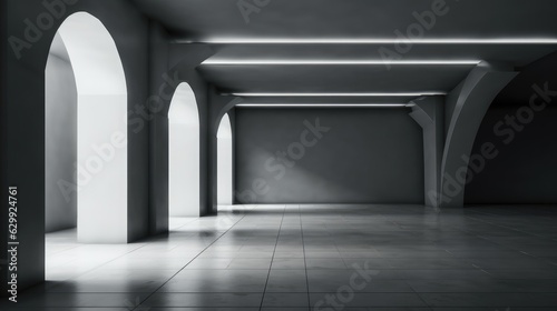 Fototapeta Naklejka Na Ścianę i Meble -  Dark wall in stylish empty gallery hall with huge columns, Modern architecture.