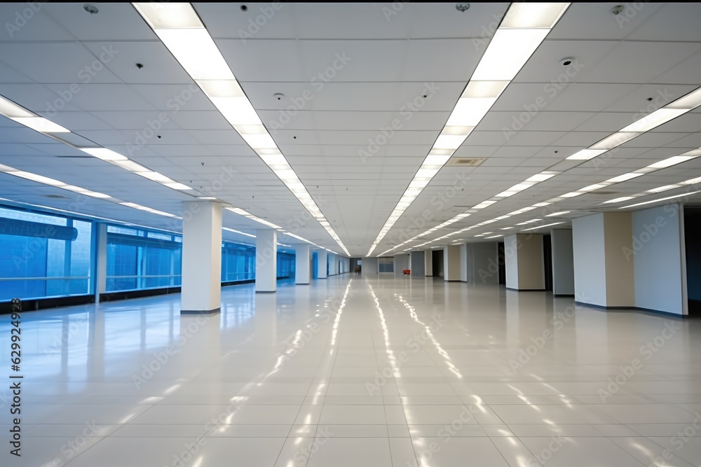 Fototapeta premium Empty of of business building with lights, Modern interior design background.