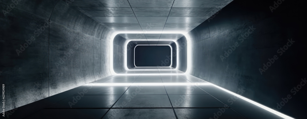 Obraz premium Empty tunnel with neon light, Laser lines in the center of the room, Futuristic dark with light and reflection background.