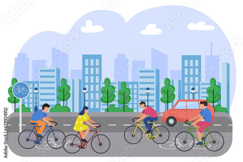 Environmentally friendly city. Bike Lane. People ride bicycles.