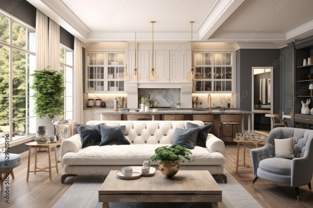 Kitchen and living room in stunning new luxury home, Includes view of dining room. Kitchen and living room in stunning new luxury home, Includes view of dining room.