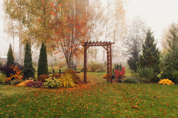 autumn garden view in october with wooden archway. Rustic natural fall garden