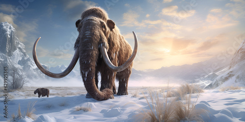 Giant mammoth in snow mountains area 