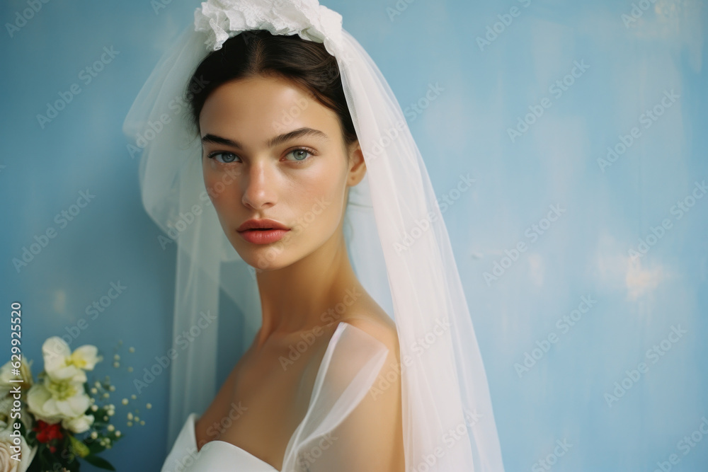 Fototapeta premium portrait of a woman/model/bride in a wedding dress engagement fashion/beauty editorial magazine style film photography look - generative ai art