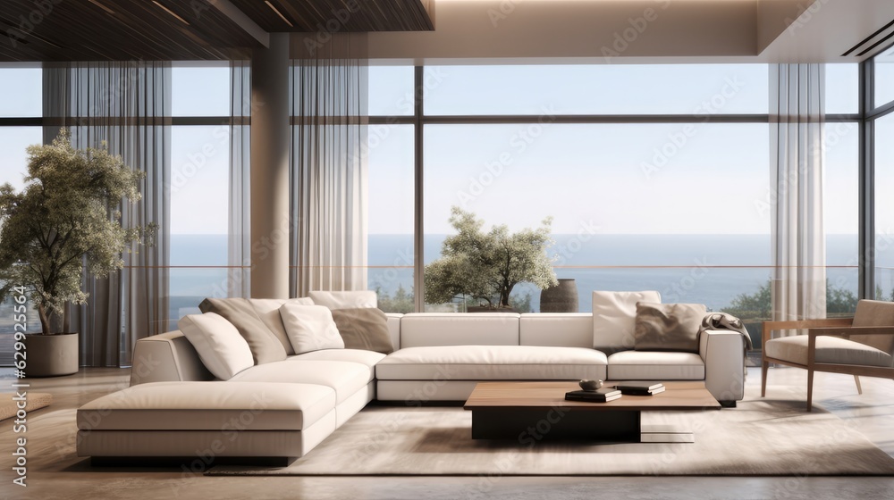Fototapeta premium Luxury home showcase living room and balcony with scenic ocean view.