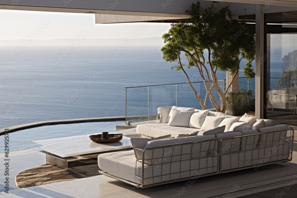 Fototapeta premium Modern living room with pool overlooking ocean, Modern luxury home.