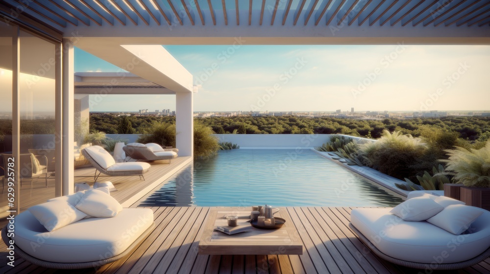Fototapeta premium Modern living room with pool overlooking ocean, Modern luxury home.