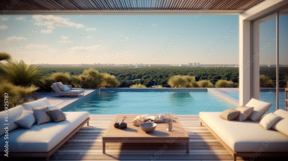 Fototapeta premium Modern living room with pool overlooking ocean, Modern luxury home.
