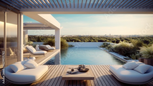 Modern living room with pool overlooking ocean, Modern luxury home. © visoot