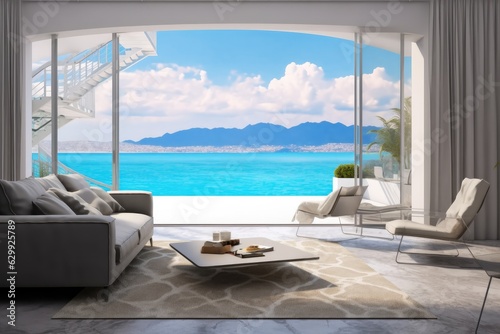 Luxury home showcase living room and balcony with scenic ocean view © visoot