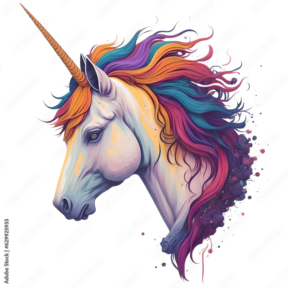Watercolor Illustration Face Unicorn PNG Design,  Can be used for the logo, t-shirt design, posters, banners, greetings, print design, generative ai	
