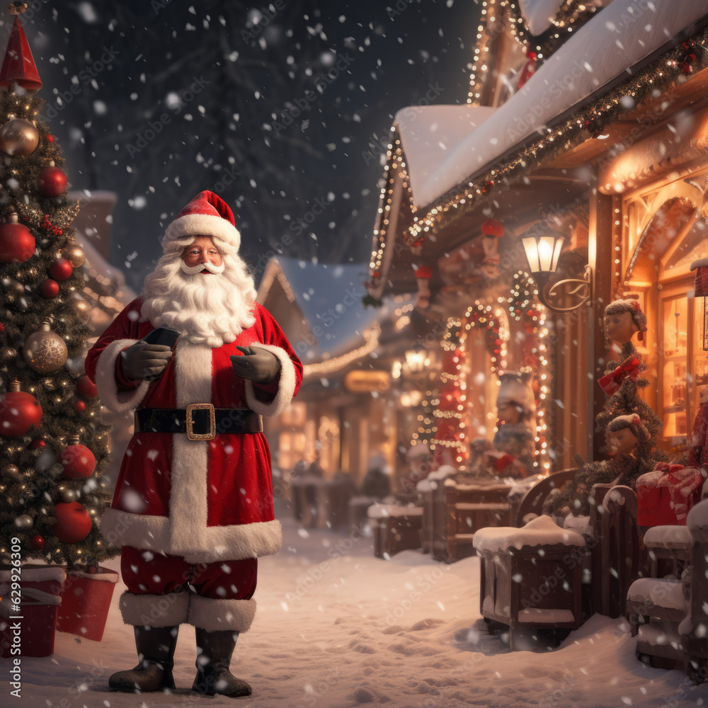 Fototapeta premium Santa Claus in a snowy Christmas village