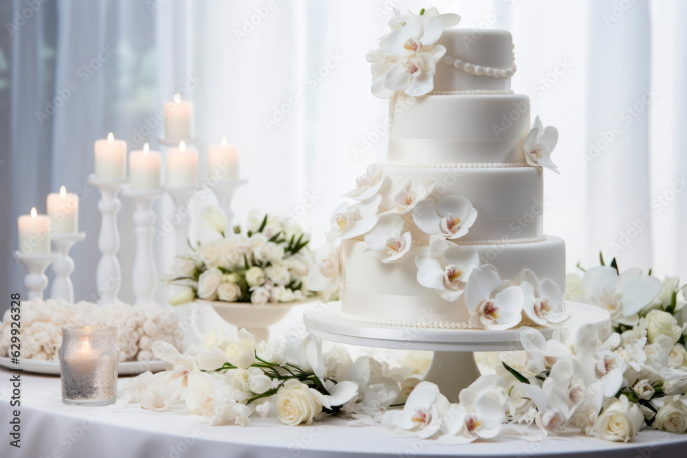 White multi-tiered wedding cake in white tones. The concept of the holiday. White multi-tiered wedding cake in white tones. The concept of the holiday.
