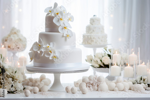 White multi-tiered wedding cake in white tones. The concept of the holiday. 