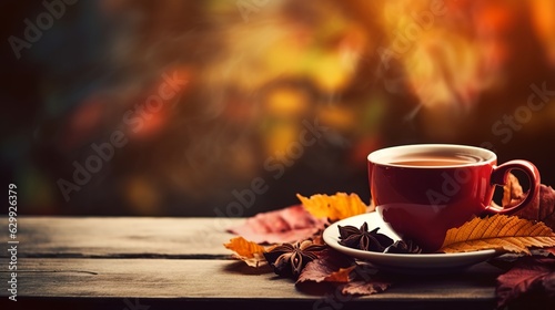 Cup of coffee with autumn leaves, Generative AI