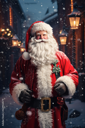 Santa Claus in a snowy Christmas village