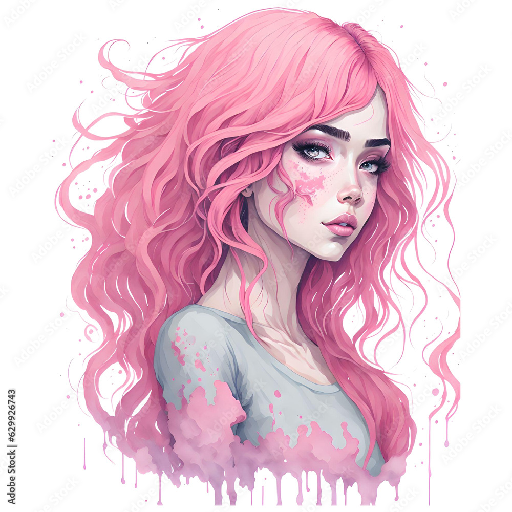 Watercolor Illustration Pink Girl  PNG Design,  Can be used for the logo, t-shirt design, posters, banners, greetings, print design, generative ai	
