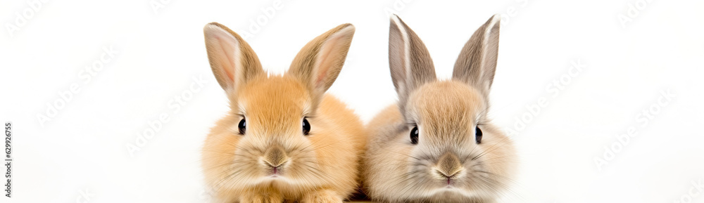 Fototapeta premium Many cute and colorful fluffy baby rabbits on white background. Panorama