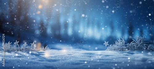 Night winter snow landscape bokeh background. Christmas and new year event concept. Generative AI technology.