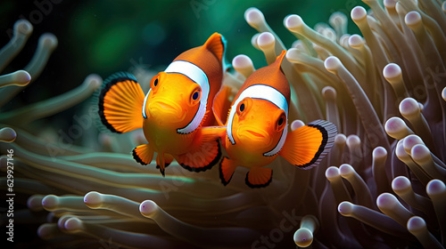 a pair of clownfish nestled together within the protective embrace of an anemone.