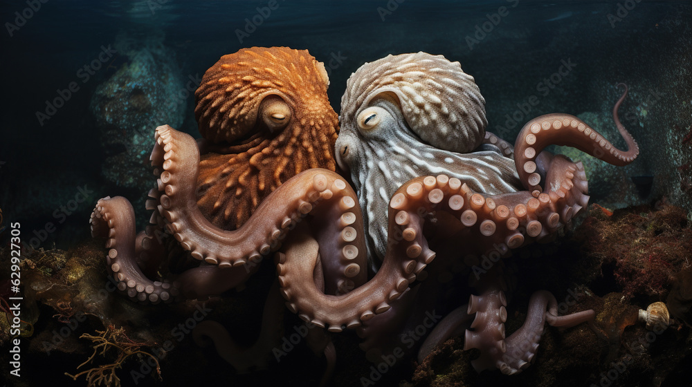 Obraz premium two octopuses gently entwined in a loving embrace, exhibiting their unique and affectionate behavior