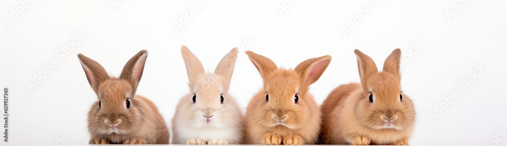 Fototapeta premium Many cute and colorful fluffy baby rabbits on white background. Panorama