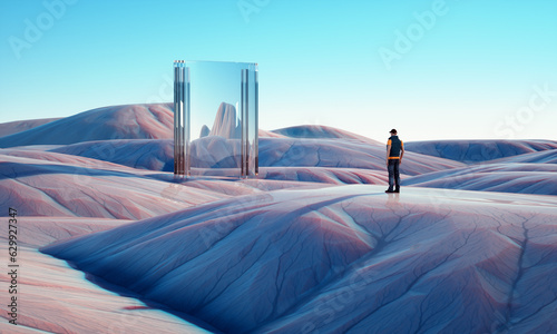 Fotografía Surreal landscape with a man looking at a big mirror