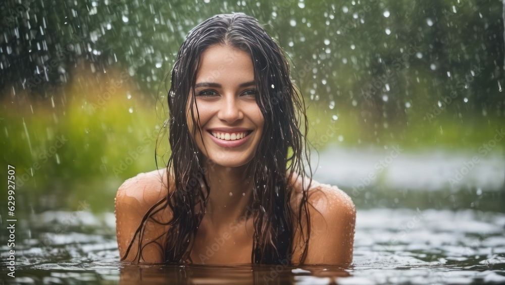Fototapeta premium Portrait of beautiful erotic smiling wet black hair woman in the water in the rain. Generative AI