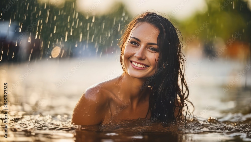 Portrait of beautiful erotic smiling wet black hair woman in the water in the rain. Generative AI