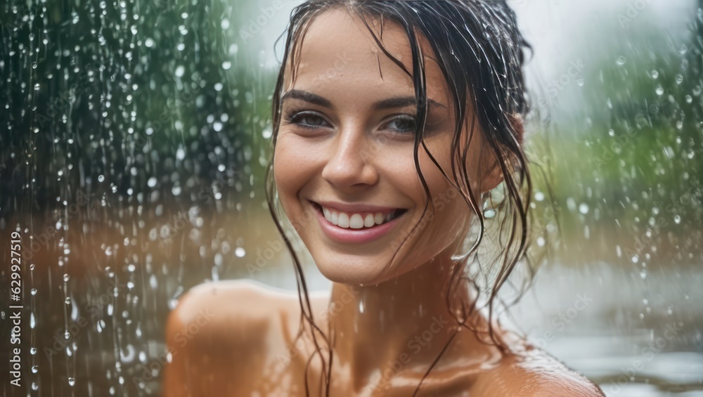 Fototapeta premium Portrait of beautiful erotic smiling wet black hair woman in the water in the rain. Generative AI