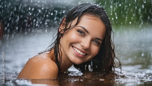 Portrait of beautiful erotic smiling wet black hair woman in the water in the rain. Generative AI