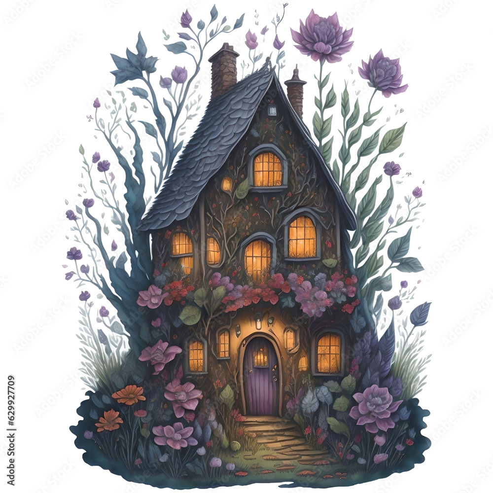 Watercolor Magical Tiny Fairy House PNG Design,  Can be used for the logo, t-shirt design, posters, banners, greetings, print design, generative ai	
