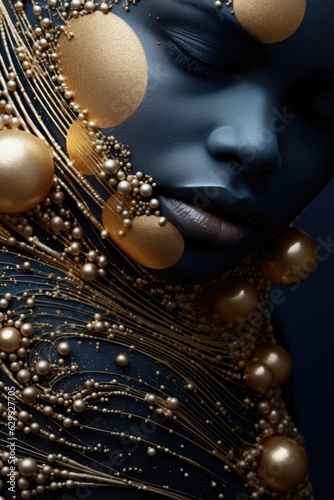 A close up of a woman with gold and black makeup. Digital image.