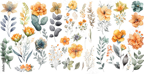 Set of flowers watercolor collection of hand drawn, blueberries orange yellow color, blueberries elegant watercolor , blueberry isolated transparent background, PNG.