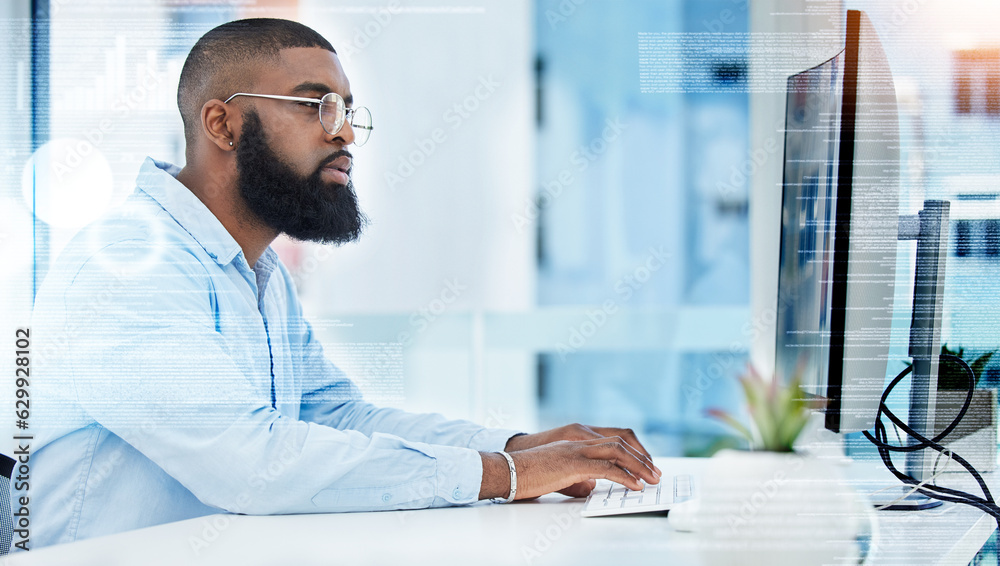 Black man, finance or trader typing on computer for stock market or cryptocurrency website for payment. Overlay, password or financial investor trading online for savings investment growth in office