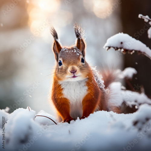 Cute red squirrel in the snow