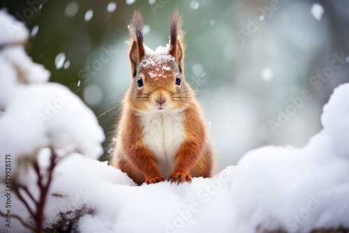 Cute red squirrel in the snow © Guido Amrein
