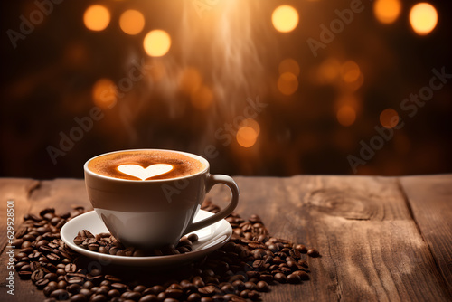 Cup of coffee latte with heart shape and coffee beans on old wooden background with morning lighting, AI Generative