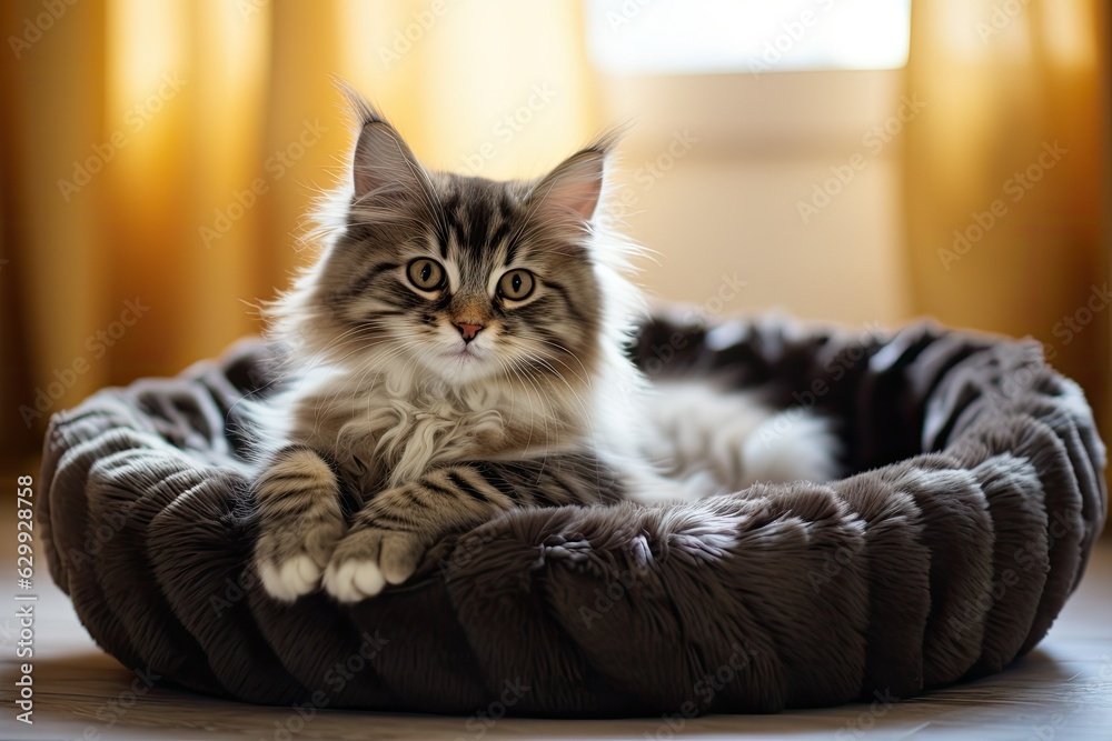 A happy kitten sits on a brown fluffy pet bed in an apartment.