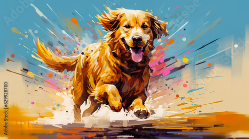 Golden retriever dog running illustration vector in abstract mixed grunge colors digital painting in minimal graphic art style. Very cute small dog. Digital illustration generative AI.