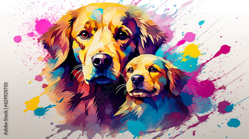 Golden retriever mom and her puppy vector illustration in abstract mixed grunge colors digital painting in minimal graphic art style. Digital illustration generative AI.