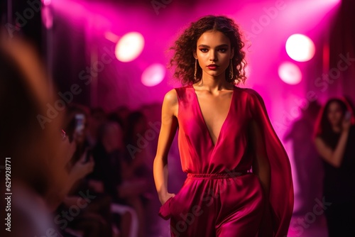 Stylish model walk on podium in magenta color dress in fashion show. Generative ai