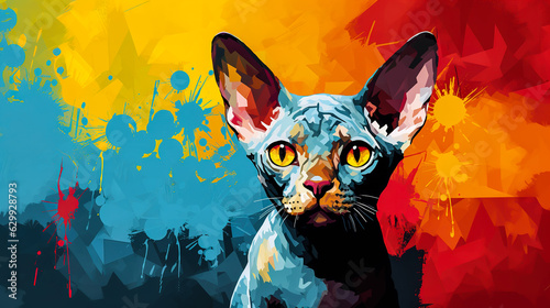 Devon Rex cat face vector illustration in abstract mixed grunge colors digital painting in minimal graphic art style. Digital illustration generative AI. © Tepsarit