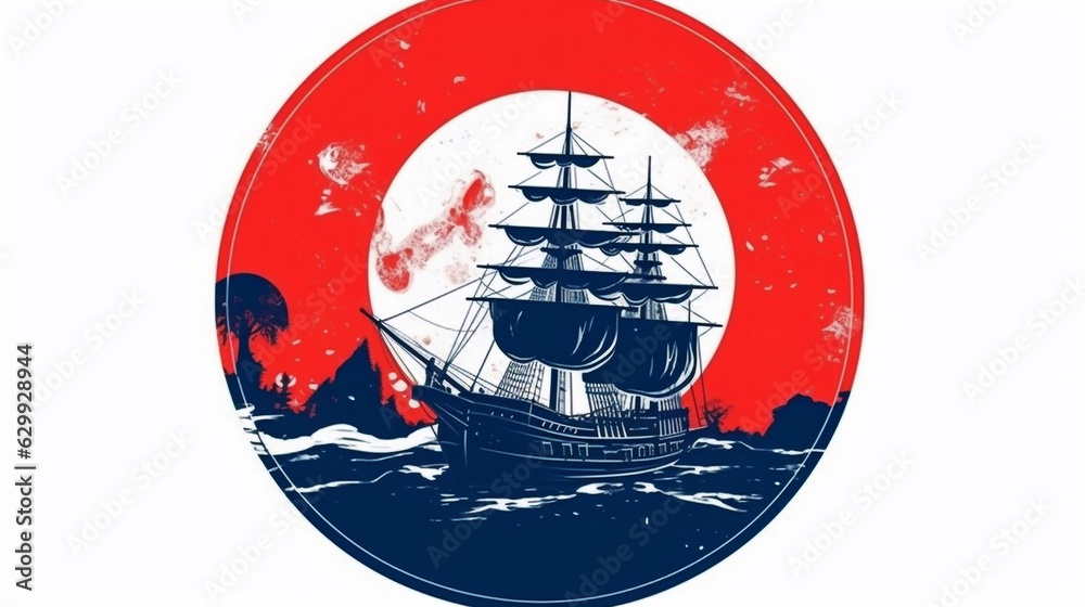 Happy Columbus Day with Blue Caravel floating on the sea waves Happy Columbus Day with Blue Caravel floating on the sea waves