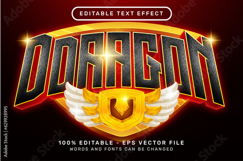 dragon text effect and editable text effect with wings and shield illustration	