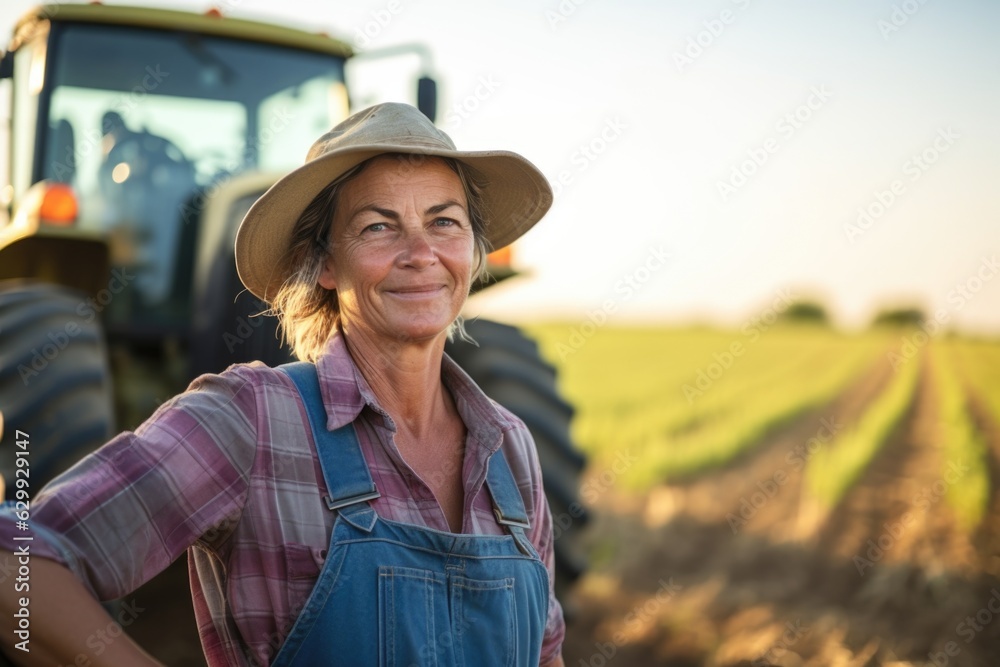 A woman standing in front of a tractor in a field. Digital image. Portrait of a european farmer.